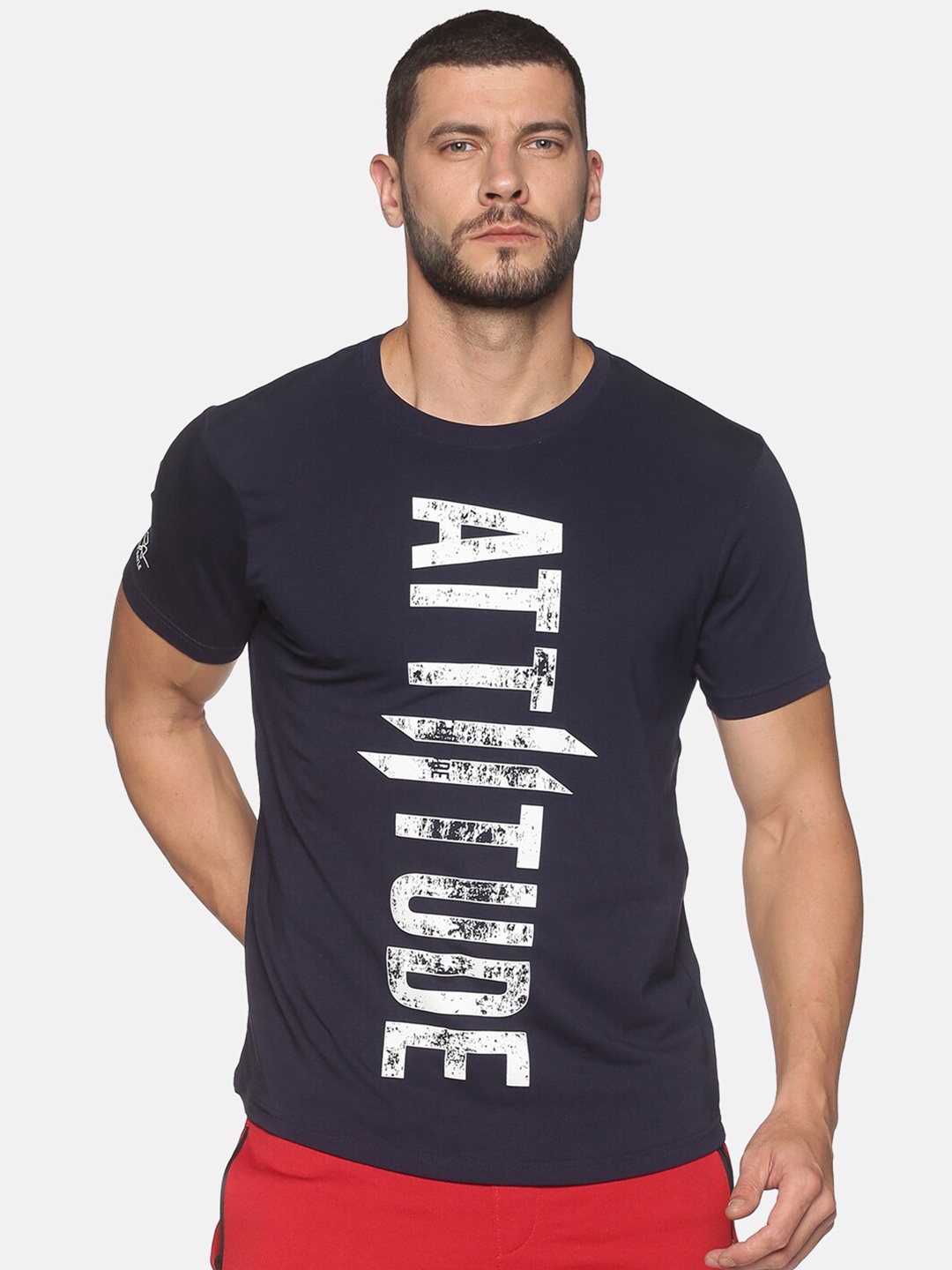 

ATTIITUDE Men Typography Printed ClimaCool Raw Edge Cotton T-shirt, Navy blue