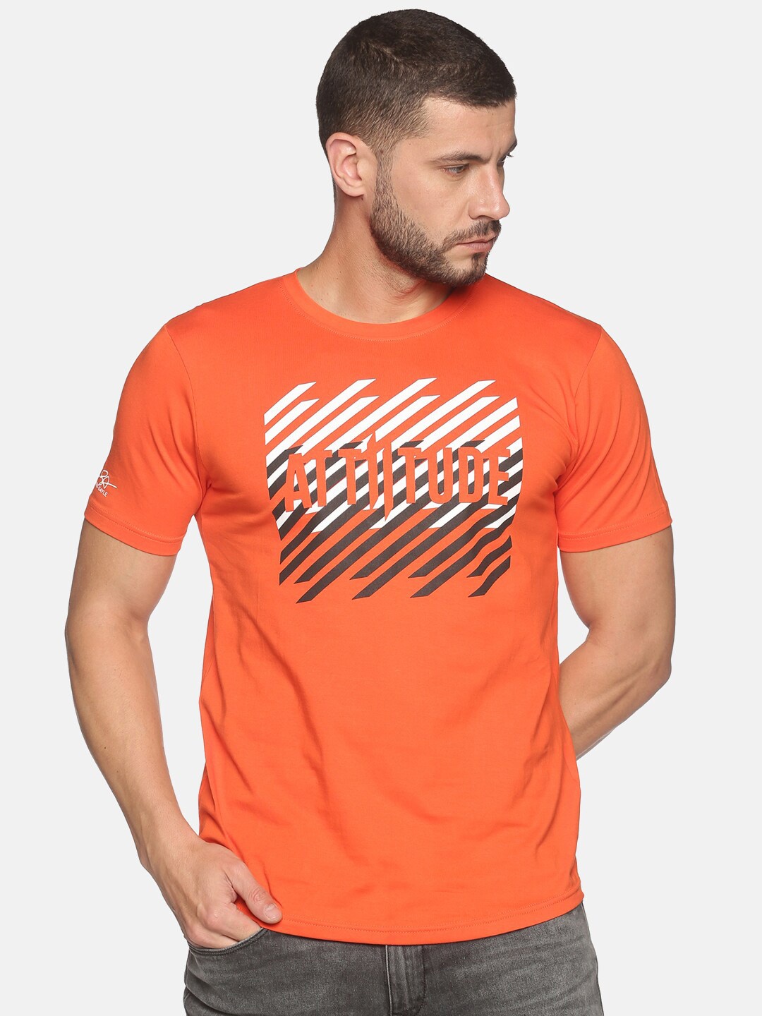 

ATTIITUDE Men Printed Round Neck ClimaCool Raw Edge Cotton T-shirt, Orange