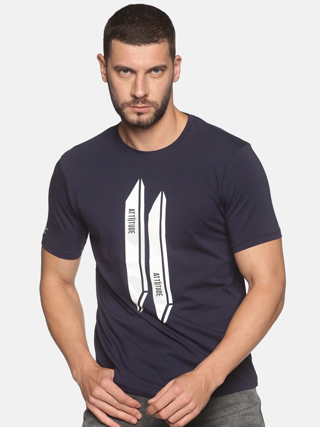 

ATTIITUDE Men Printed Round Neck ClimaCool Raw Edge Cotton T-shirt, Navy blue