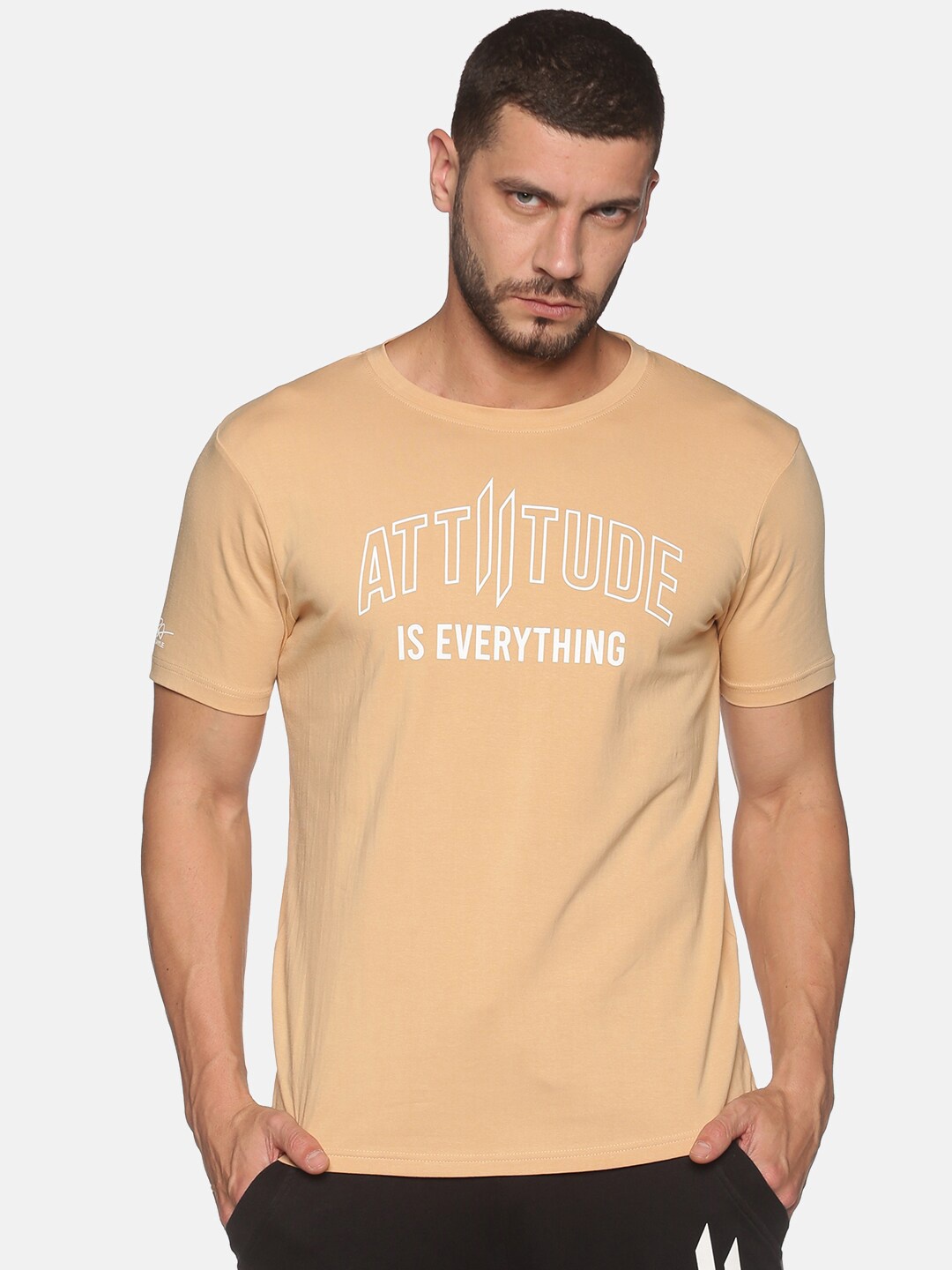 

ATTIITUDE Men Typography Printed Round Neck ClimaCool Raw Edge Cotton T-shirt, Beige