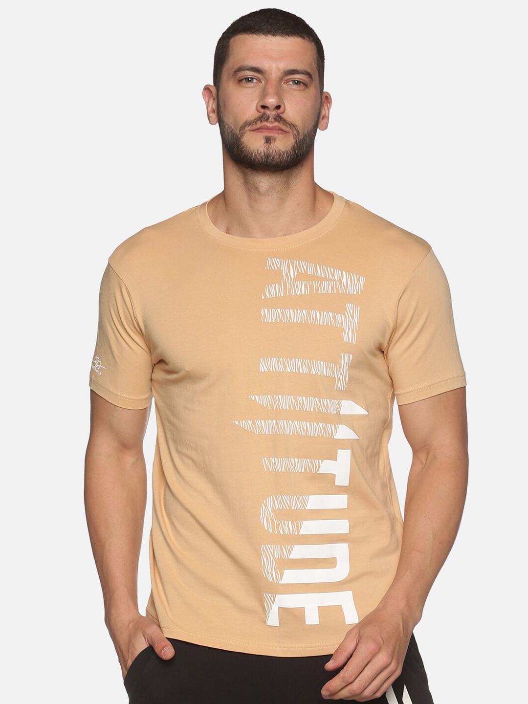 

ATTIITUDE Men Typography Printed Round Neck T-shirt, Beige