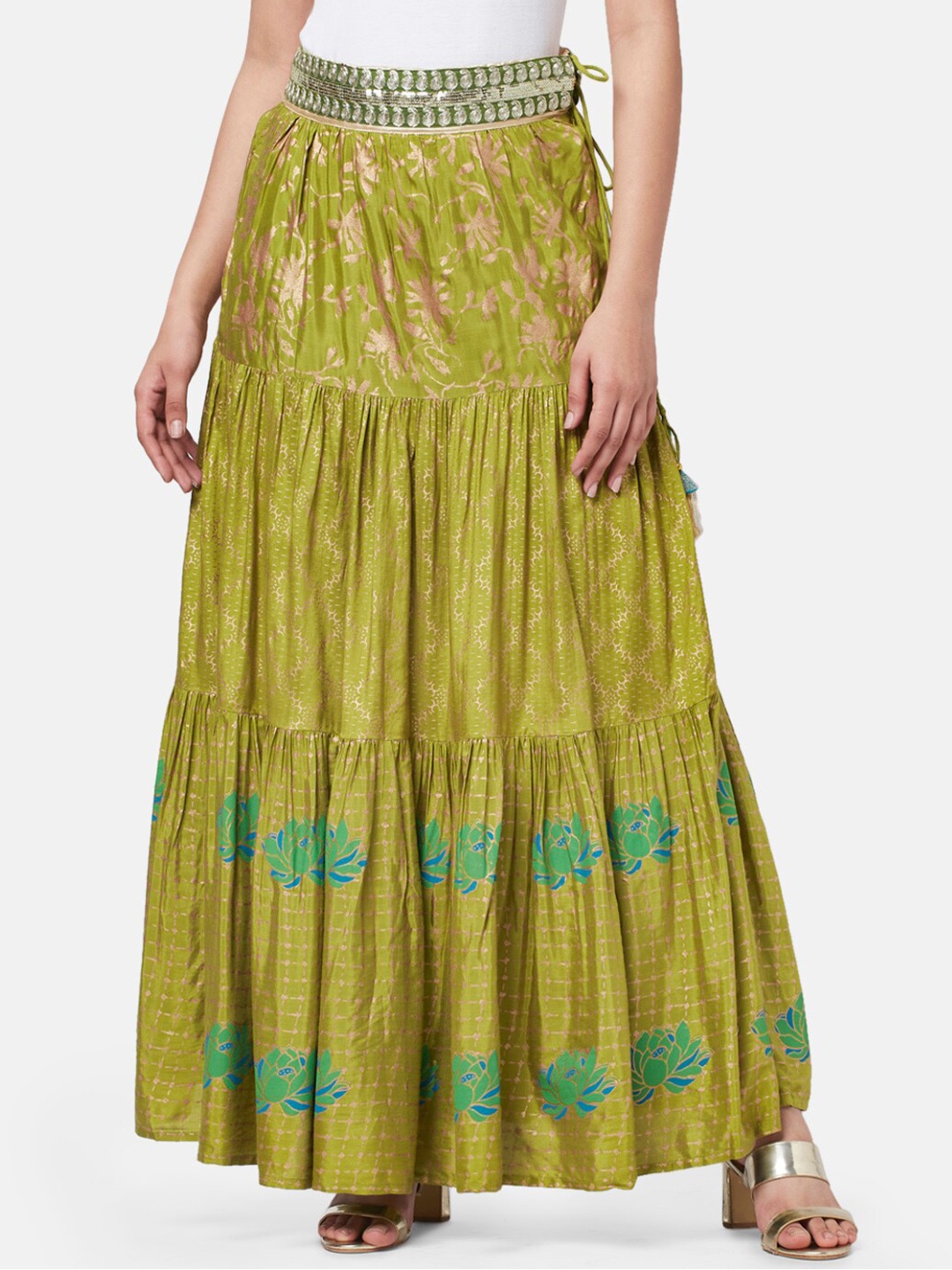 

RANGMANCH BY PANTALOONS Printed Flared Maxi Skirt, Olive