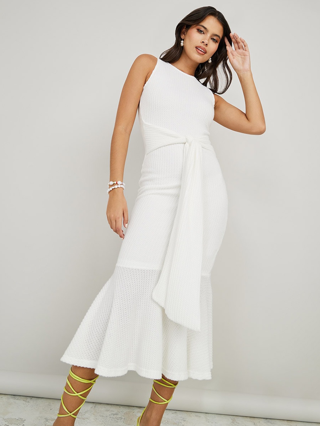 

Styli Waist Tie Ups Midi Sheath Dress, Off white
