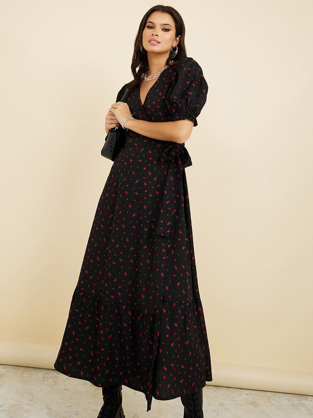 

Styli Floral Printed V-Neck Maxi Wrap Dress, Black