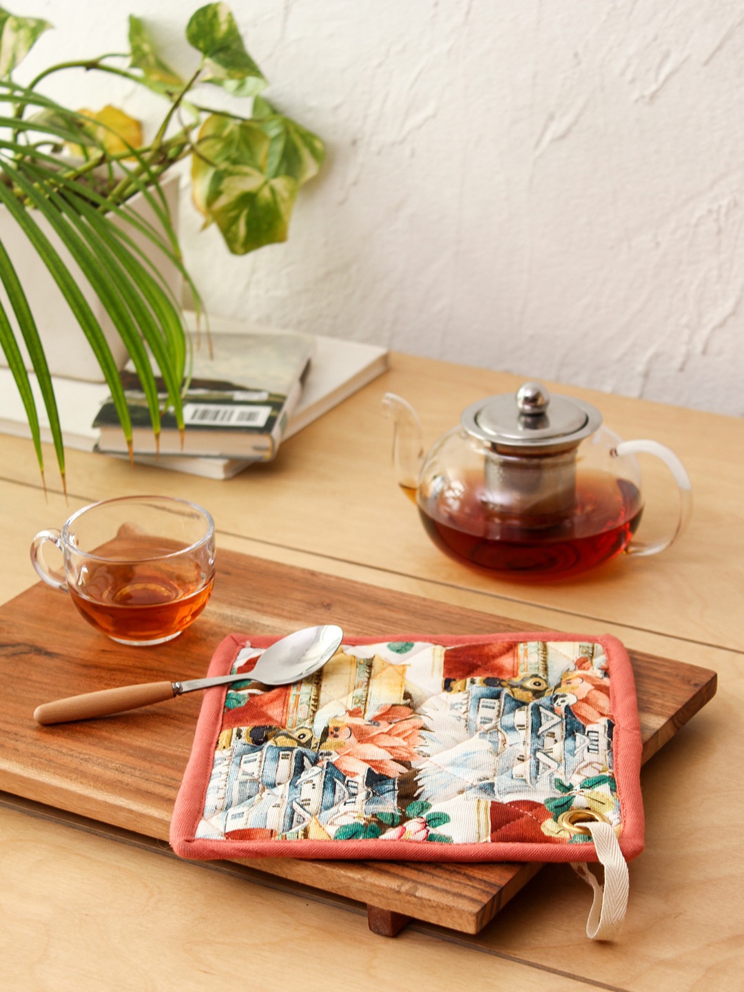 

House This Hemis Gompa White & Coral Conversational Printed Square Fabric Coasters