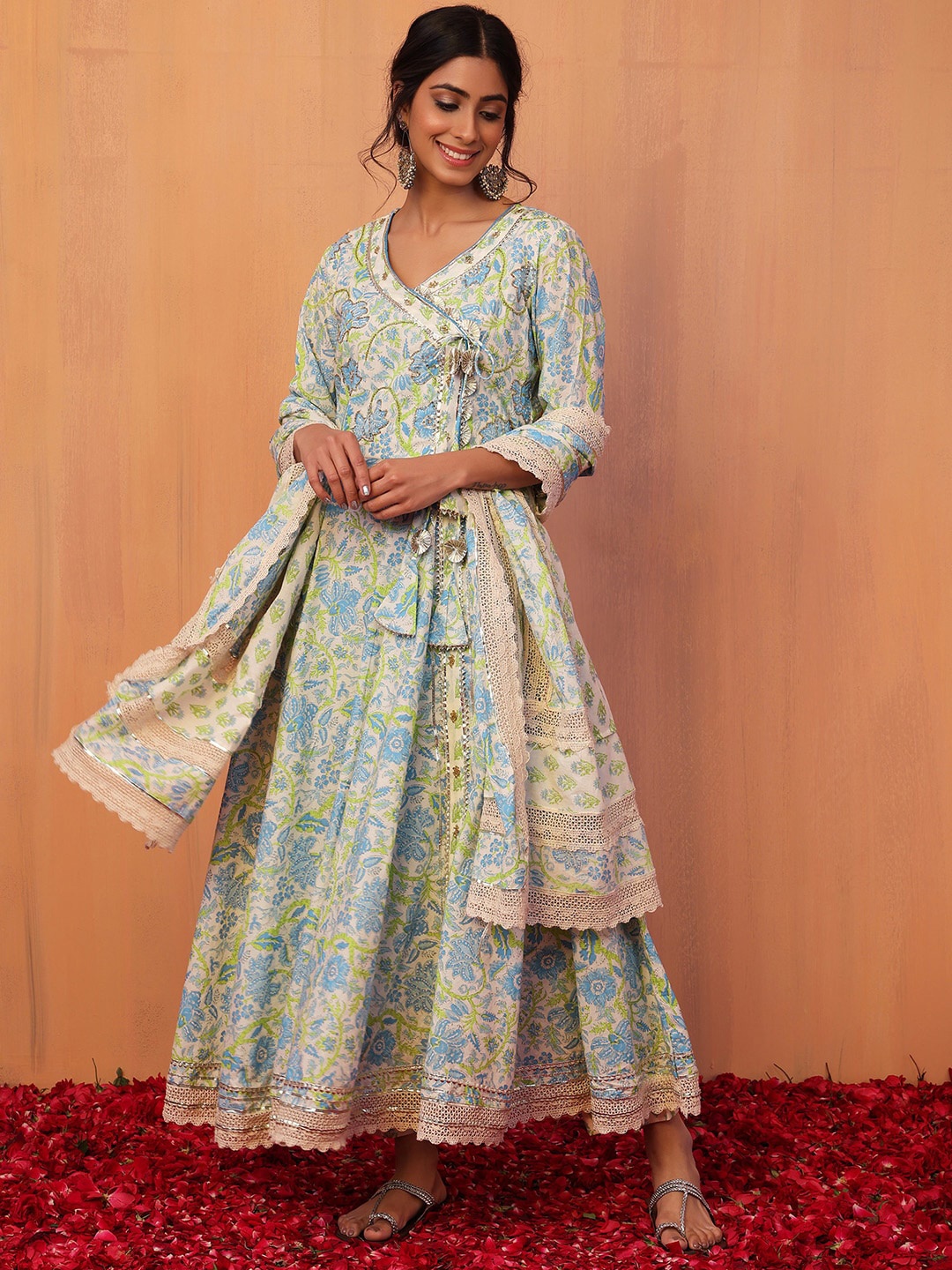 

INDYA Women Floral Printed Angrakha Pure Cotton Kurta With Trousers & Dupatta, Off white