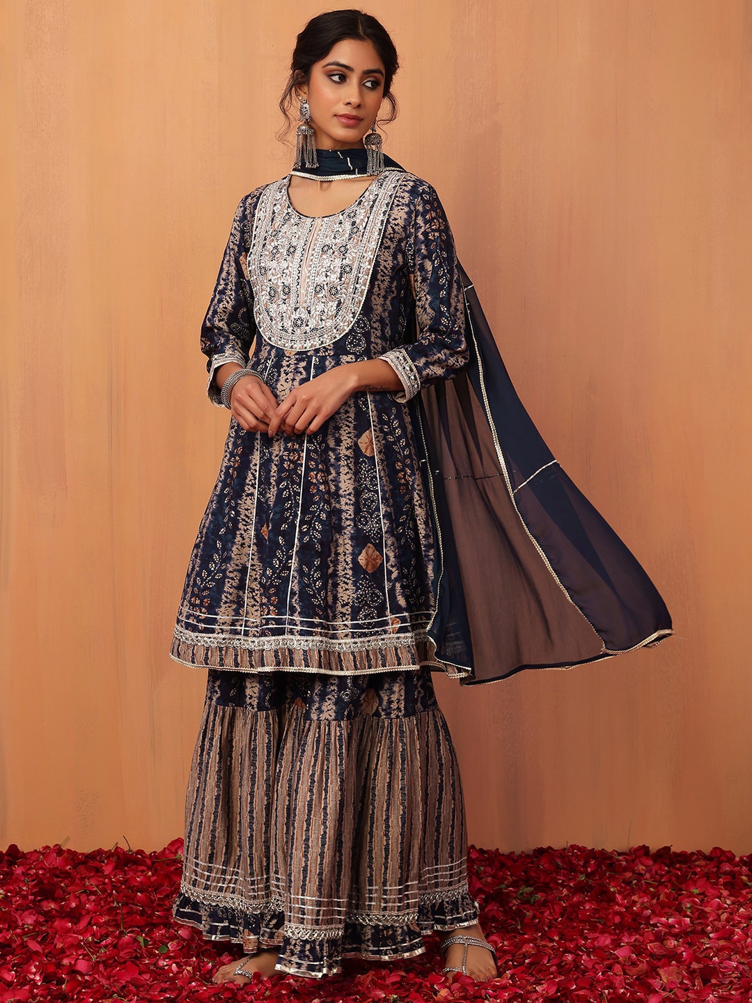 

INDYA Women Floral Printed Zari Detailed Anarkali Kurta With Sharara & Dupatta, Navy blue