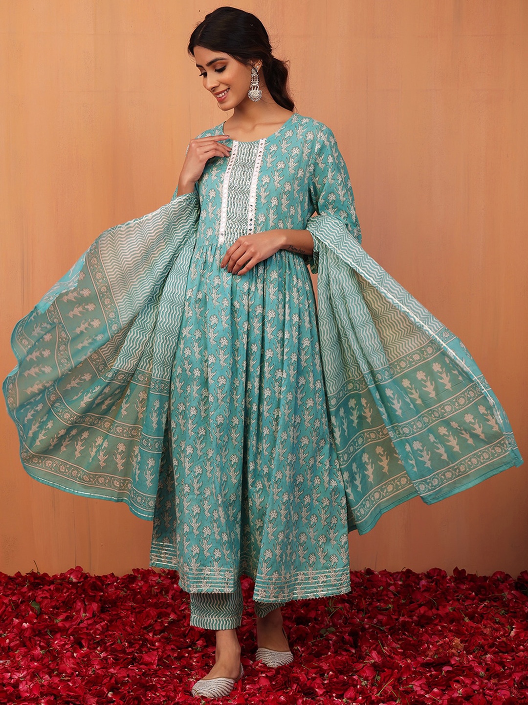 

INDYA Boota Printed Pure Cotton Anarkali Kurta With Trouser & Dupatta Set, Blue