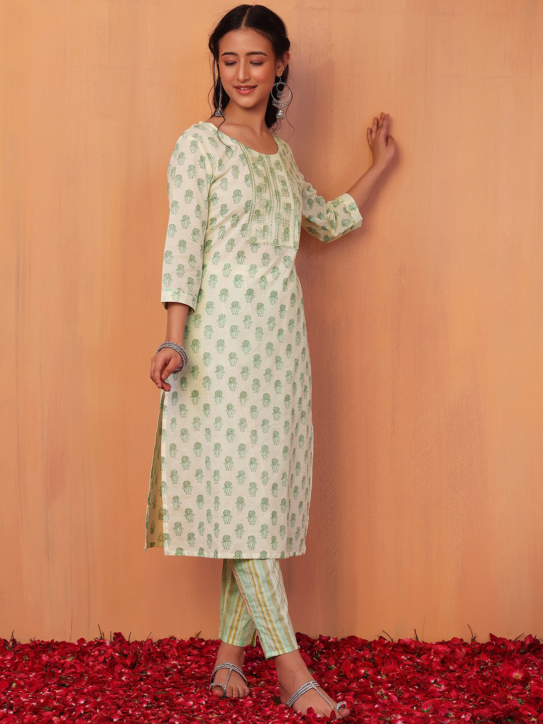 

INDYA Women Ethnic Motifs Printed Pure Cotton Kurta With Trouser, Off white