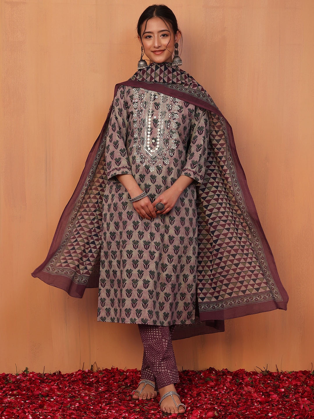

INDYA Printed Pure Cotton Kurta With Trouser & Dupatta Set, Pink