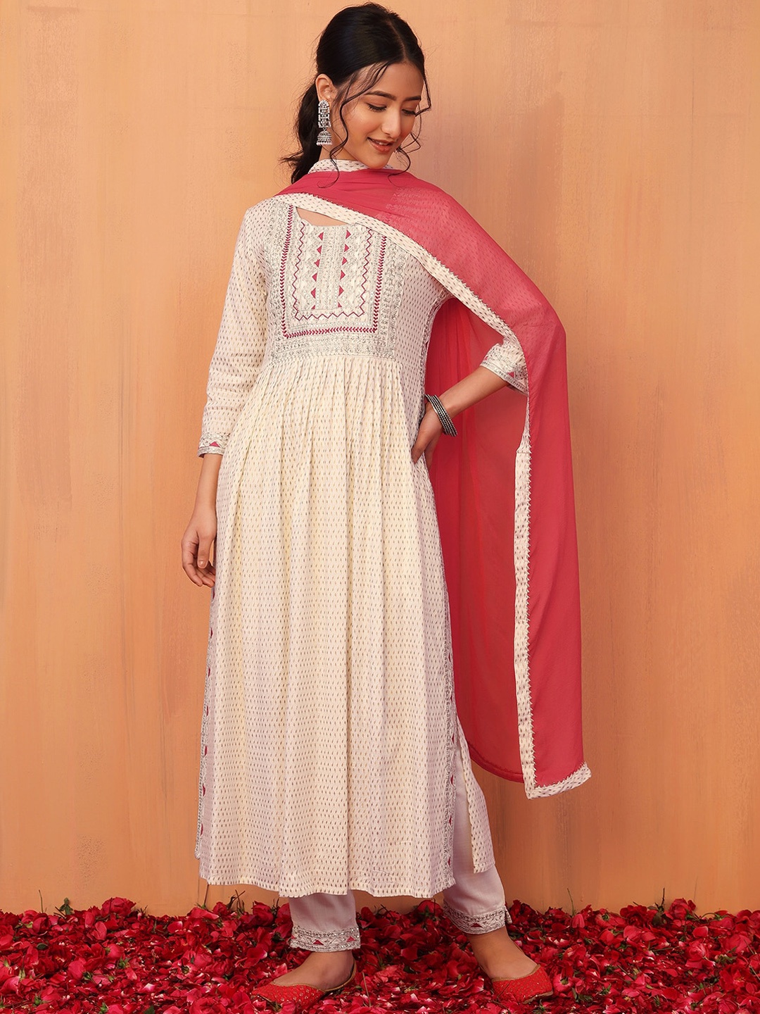 

INDYA Women Printed Anarkali Kurta With Trouser & Dupatta, Off white