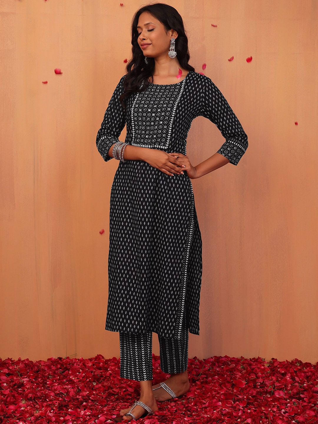 

INDYA Printed Pure Cotton A-Line Kurta With Trouser, Black