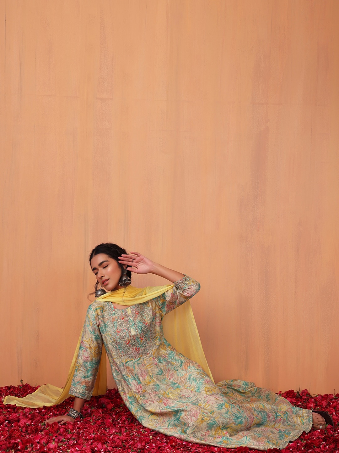 

INDYA Women Floral Jaal Printed Pure Cotton Anarkali Kurta With Trouser & Dupatta, Yellow