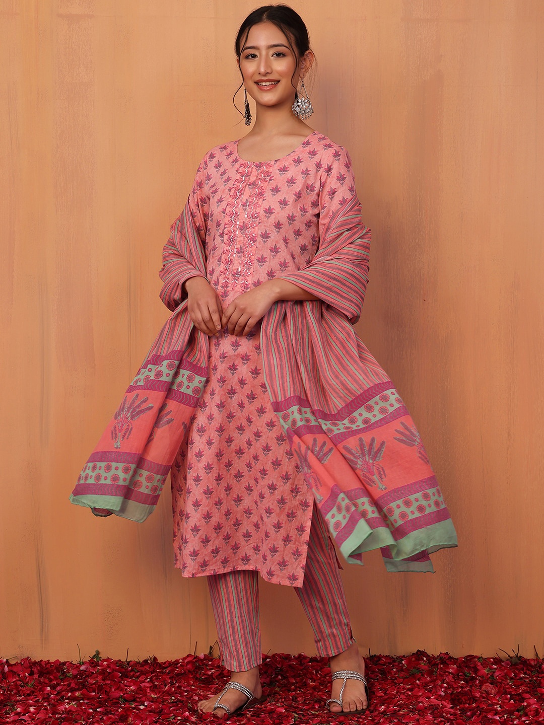 

INDYA Women Floral Printed Pure Cotton Kurta With Trouser & Dupatta, Peach