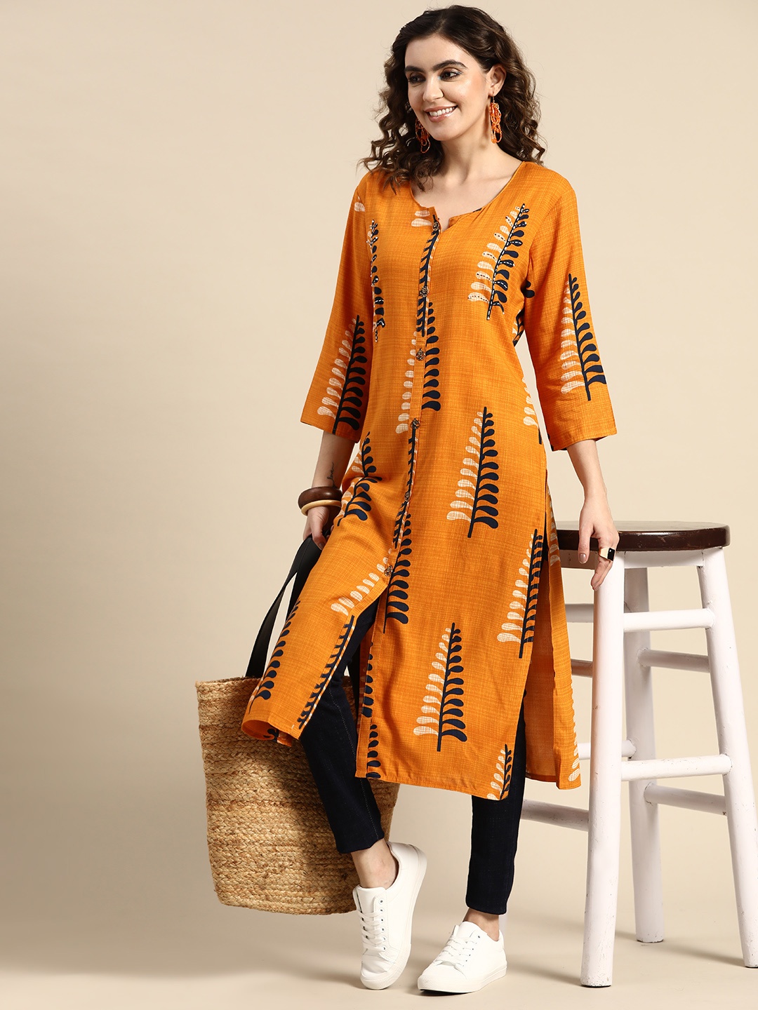 

Sangria Women Floral Printed Kurta, Mustard