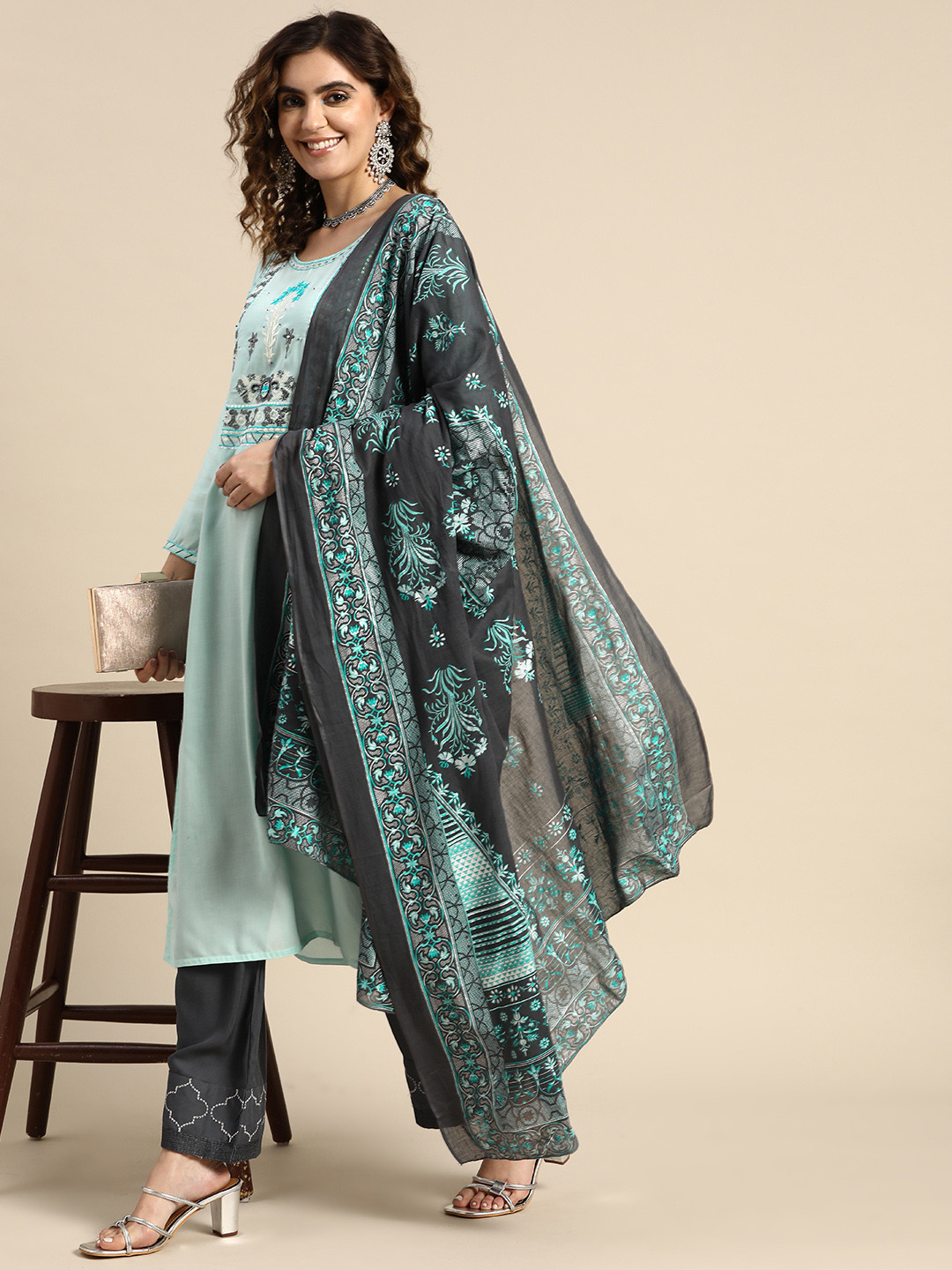 

Sangria Ethnic Motifs Embroidered Chanderi Silk Kurta With Palazzos & With Dupatta, Turquoise blue