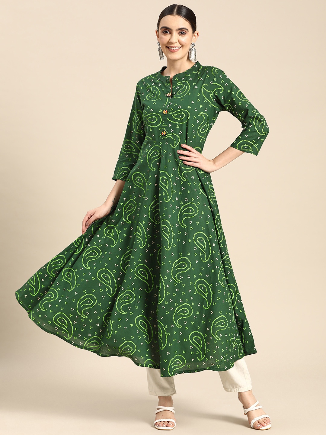 

Sangria Women Green Bandhani Printed Anarkali Kurta