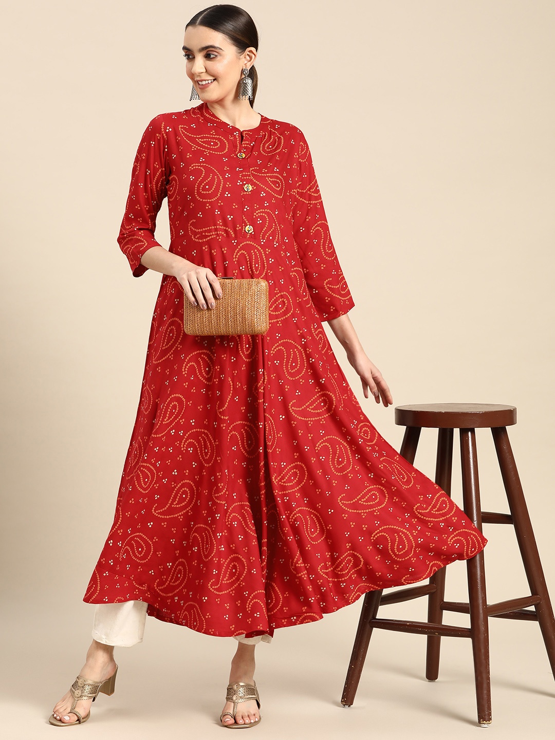 

Sangria Women Bandhani Printed Anarkali Kurta, Red