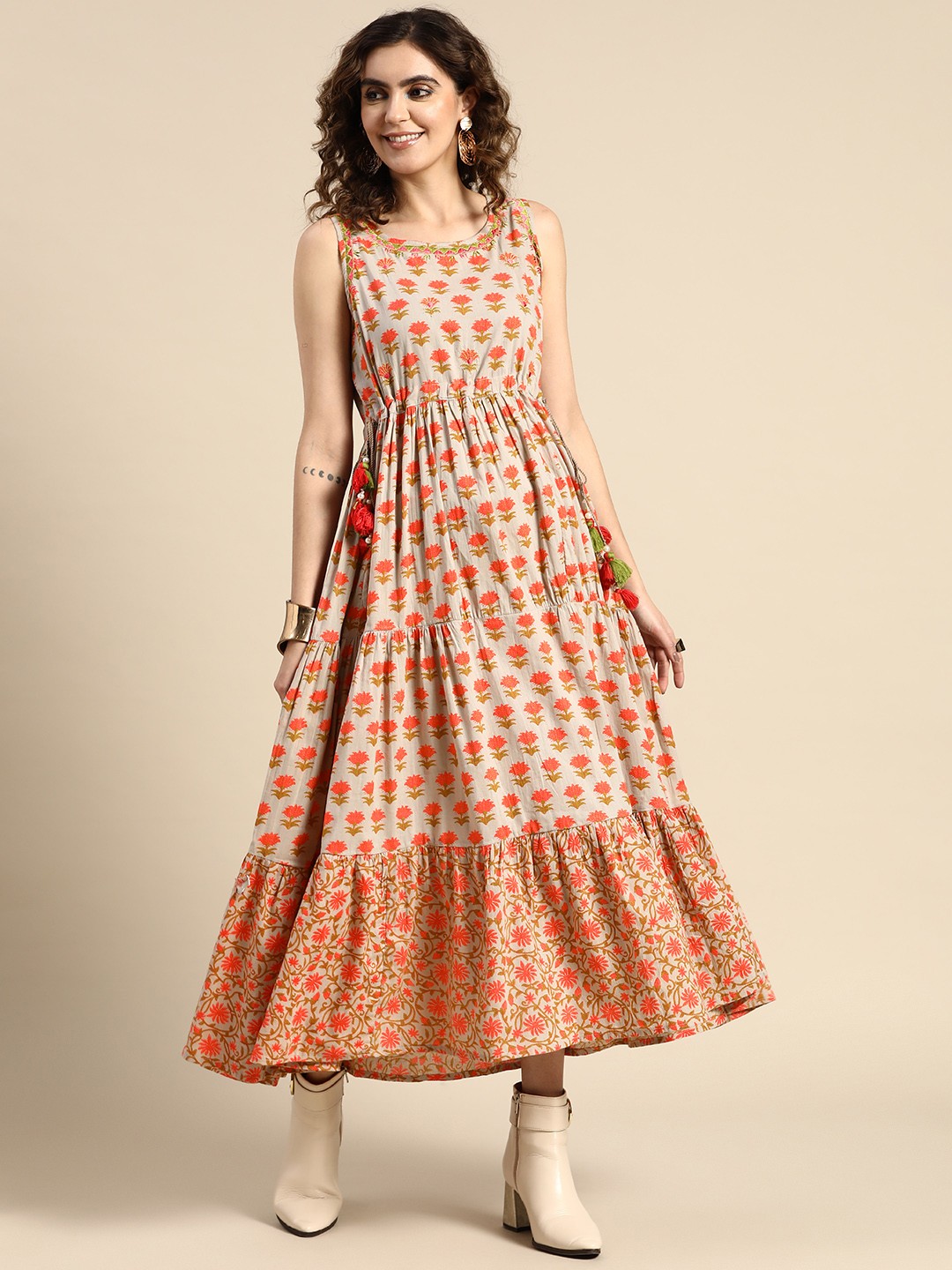 

Sangria Printed Tie-Ups Tiered Fit & Flare Ethnic Dress, Beige