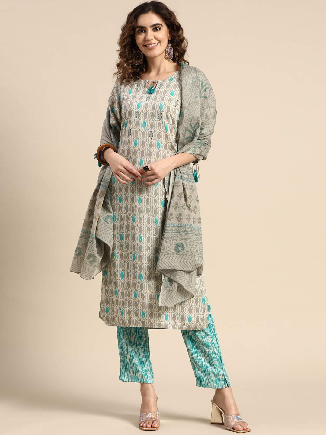 

Sangria Women Ethnic Motifs Printed Kantha Work Kurta With Trousers & Dupatta, Turquoise blue