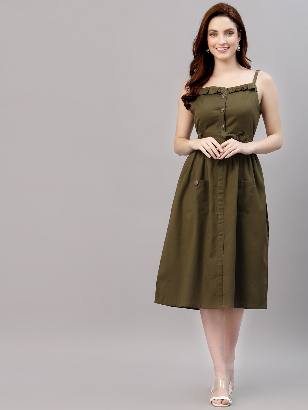 

NEUDIS Shoulder Straps Fit & Flare Cotton Midi Dress, Olive