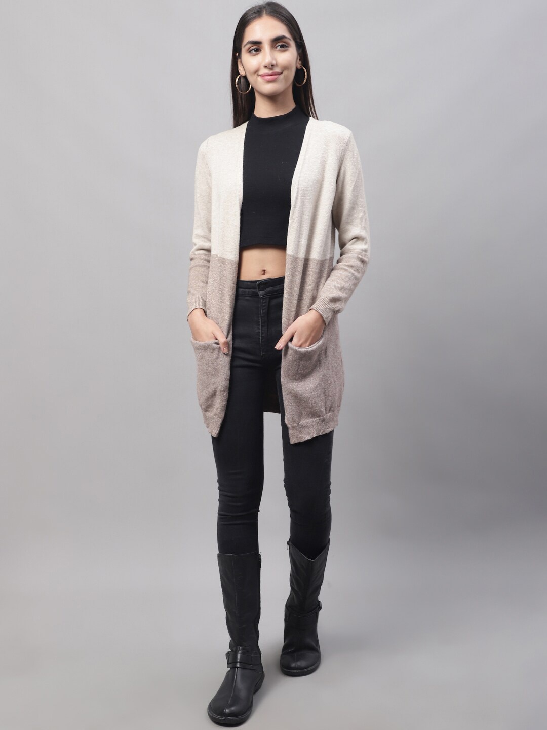 

NoBarr Women Colourblocked Front Open Longline Acrylic Sweater, Off white