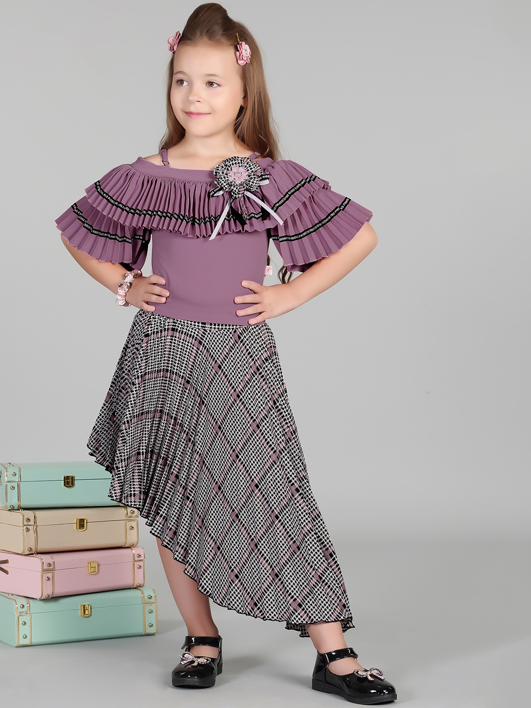 

Hunny Bunny Girls Self Design Shoulder Straps Top with Skirt, Purple