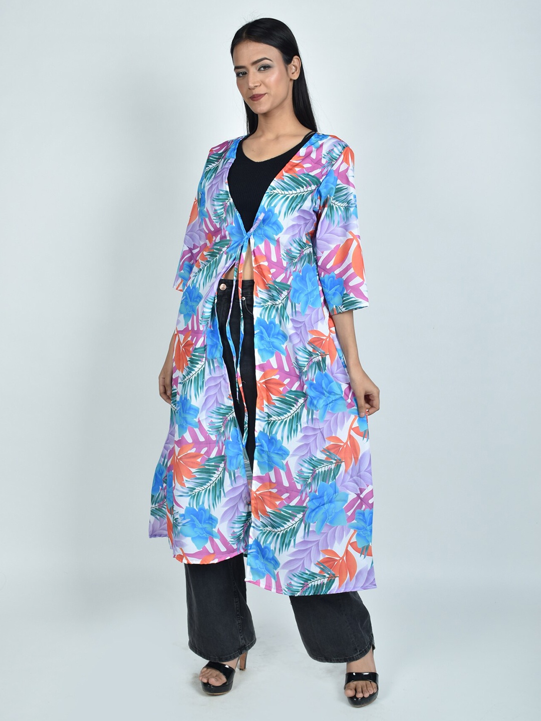

Rajoria Instyle Women Printed Longline Tie-Up Shrug, Blue