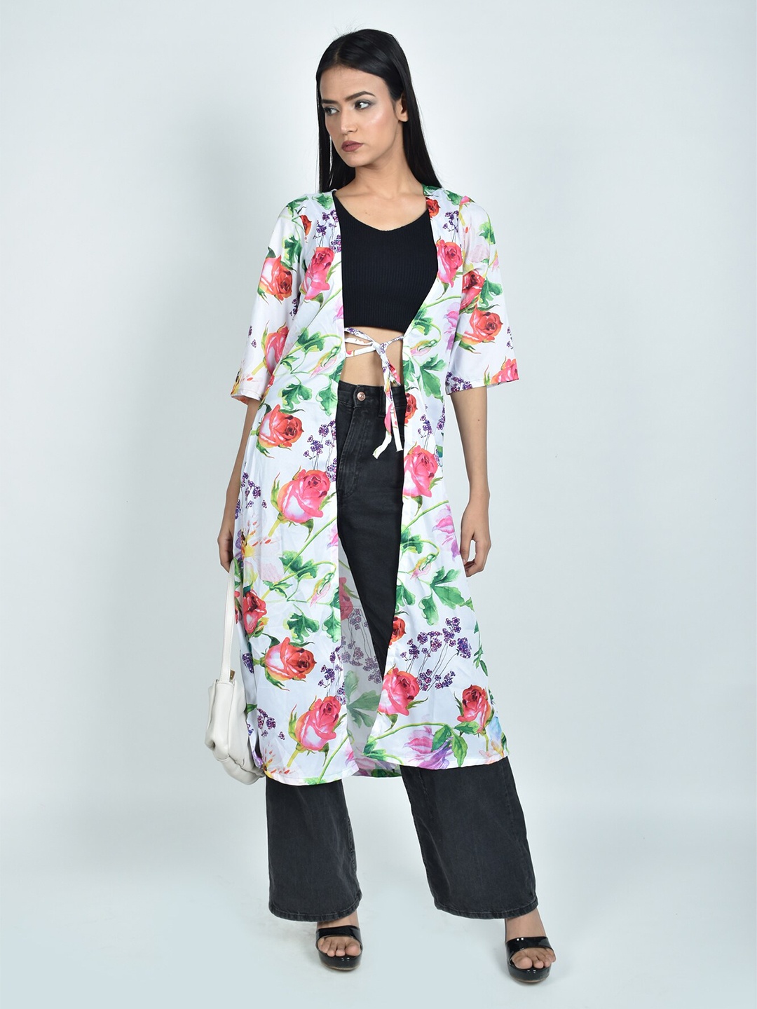 

Rajoria Instyle Women Printed Longline Tie-Up Shrug, White