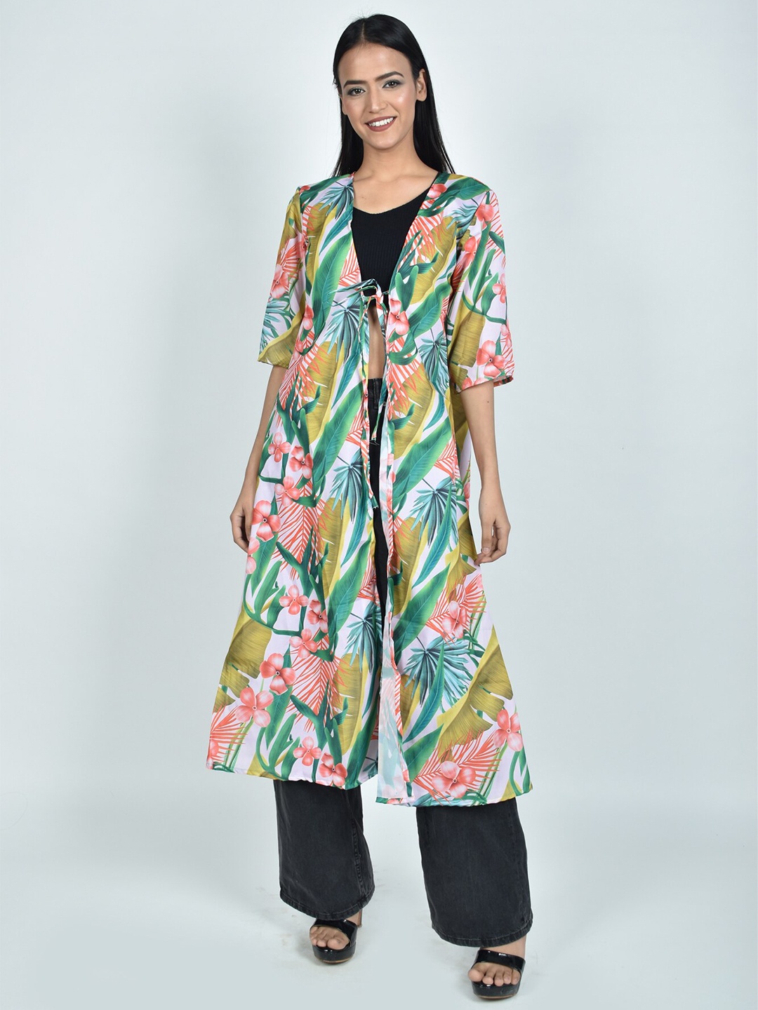 

Rajoria Instyle Women Printed Longline Tie-Up Shrug, White