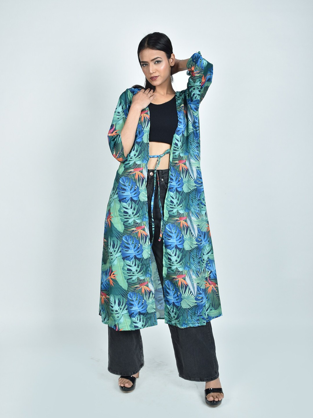 

Rajoria Instyle Women Printed Longline Tie-Up Shrug, Green
