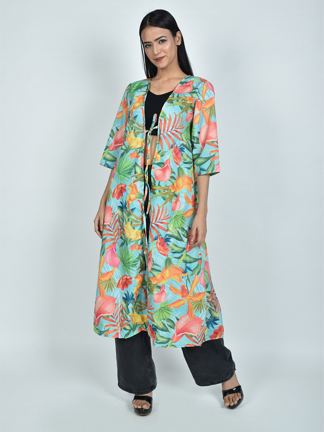 

Rajoria Instyle Women Printed Longline Tie-Up Shrug, Green