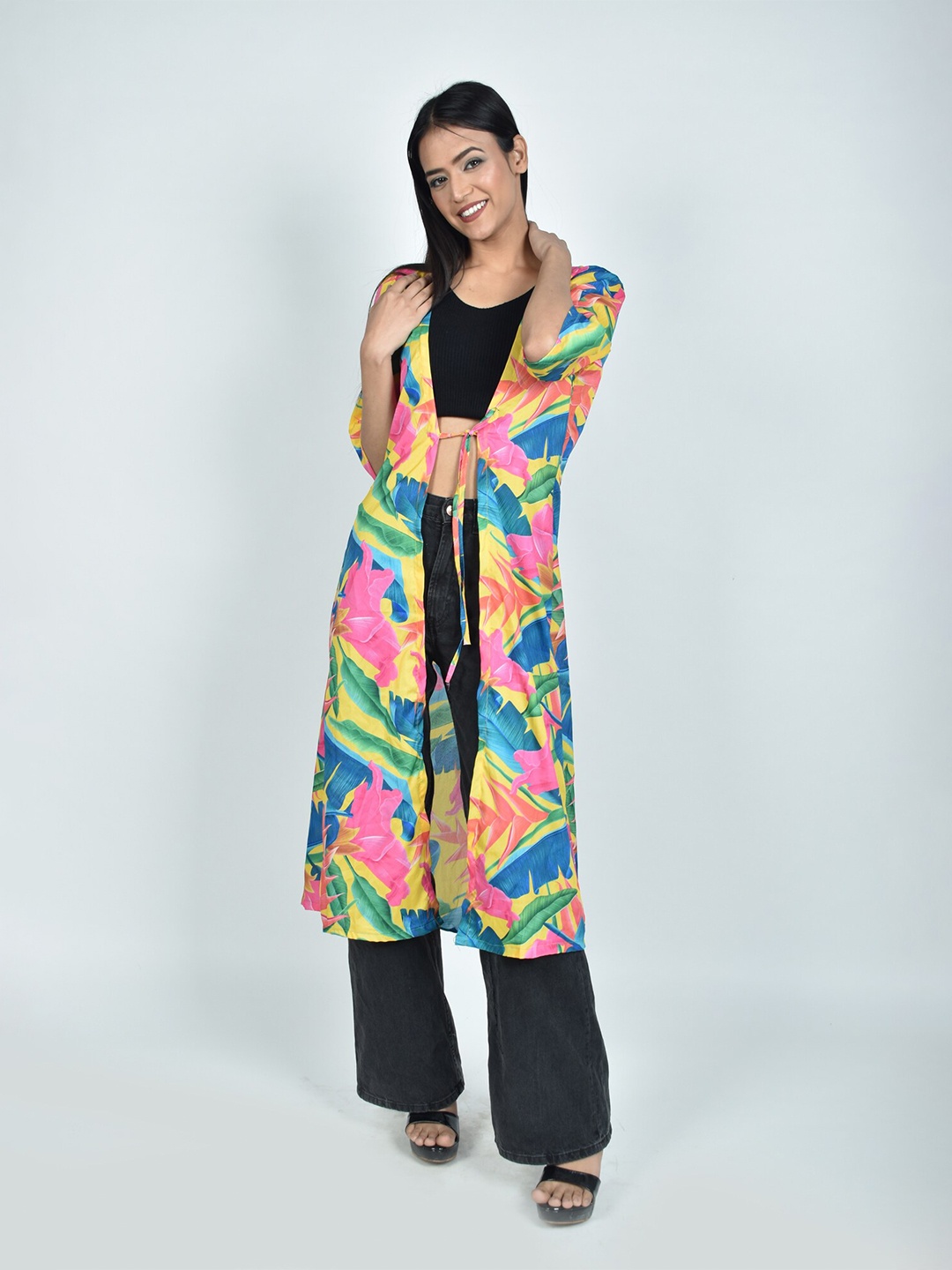 

Rajoria Instyle Women Printed Longline Tie-Up Shrug, Red