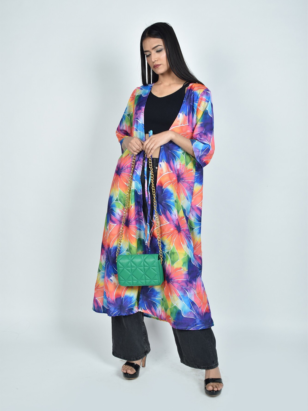 

Rajoria Instyle Women Printed Longline Tie-Up Shrug, Blue