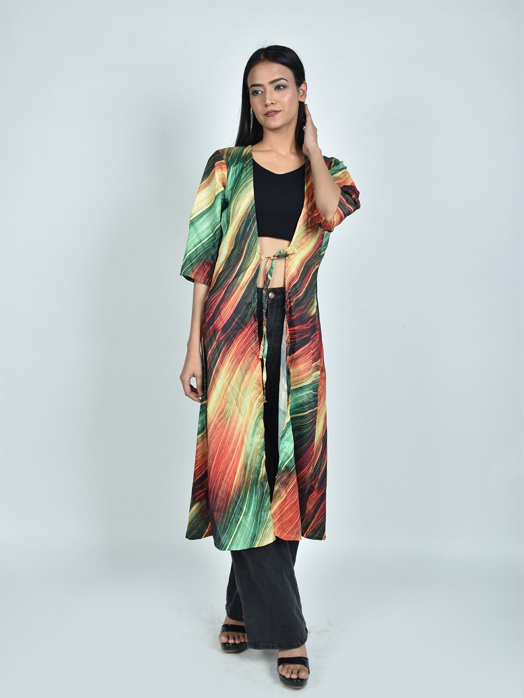 

Rajoria Instyle Women Printed Longline Tie-Up Shrug, Brown