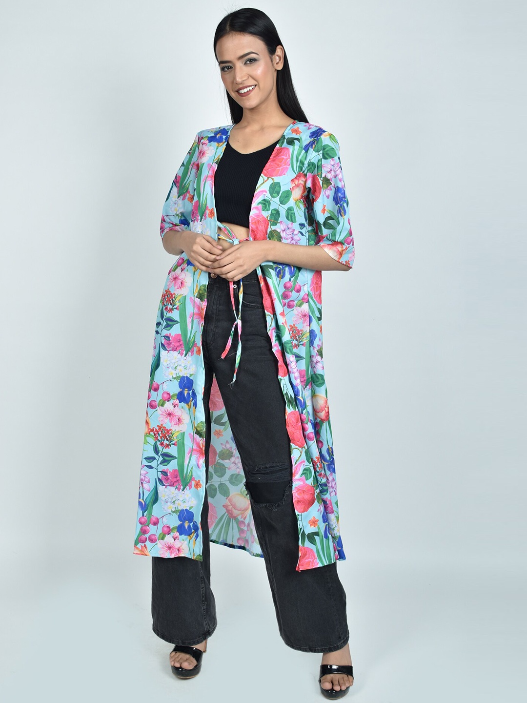 

Rajoria Instyle Women Printed Longline Tie-Up Shrug, White