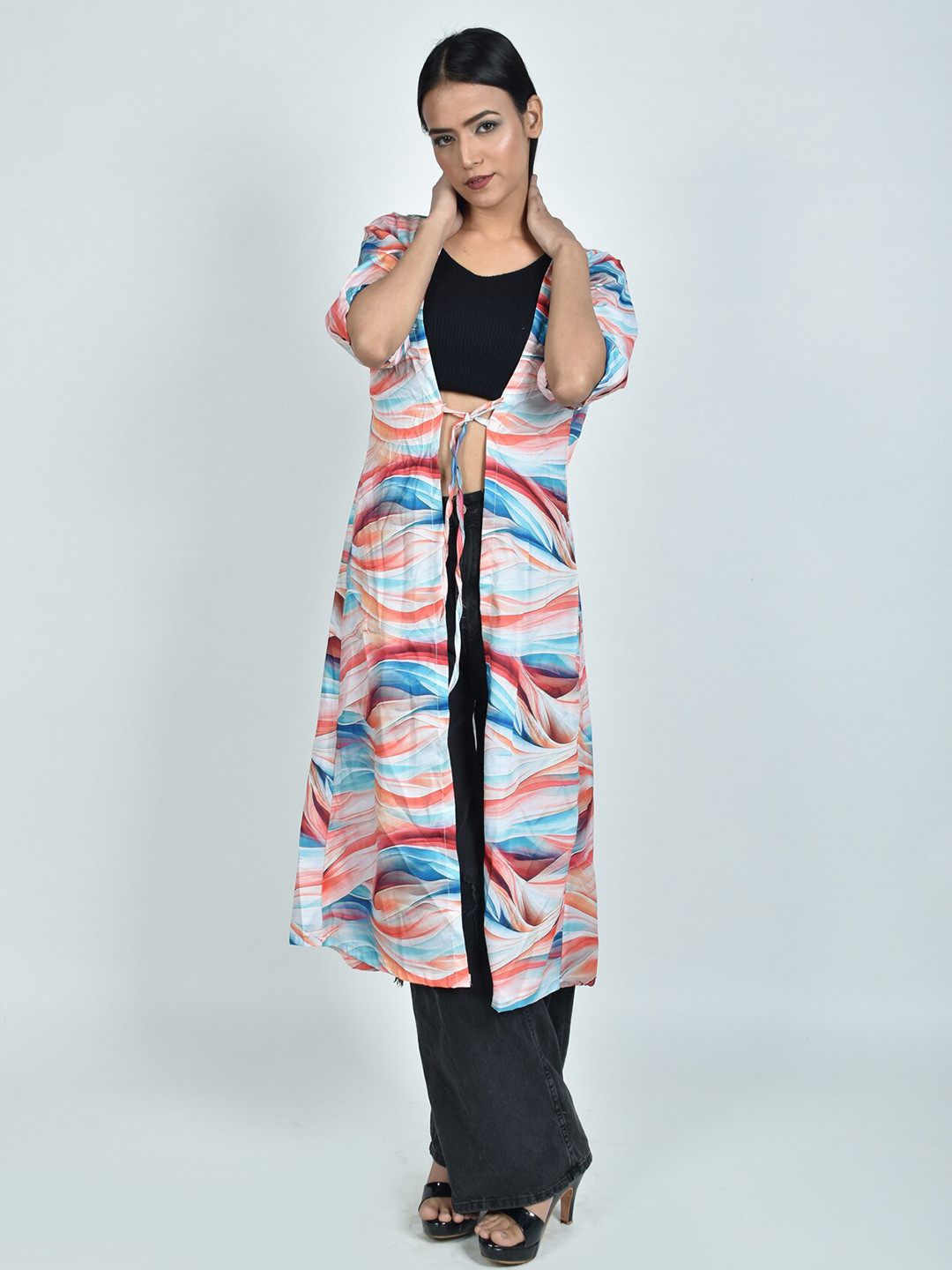

Rajoria Instyle Women Printed Longline Tie-Up Shrug, White