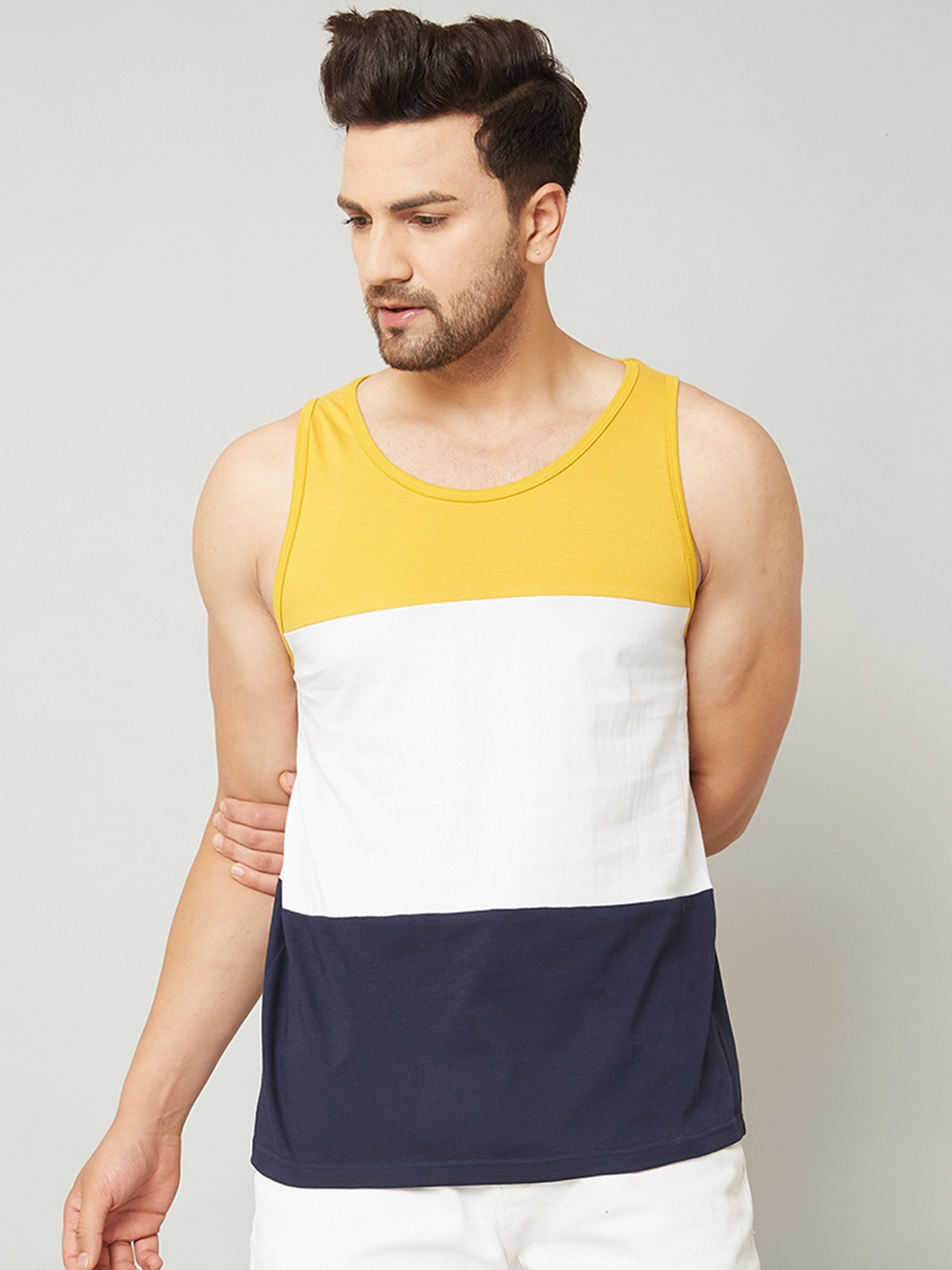 

Rodzen Men Colourblocked Cotton Lounge Tshirts, Mustard
