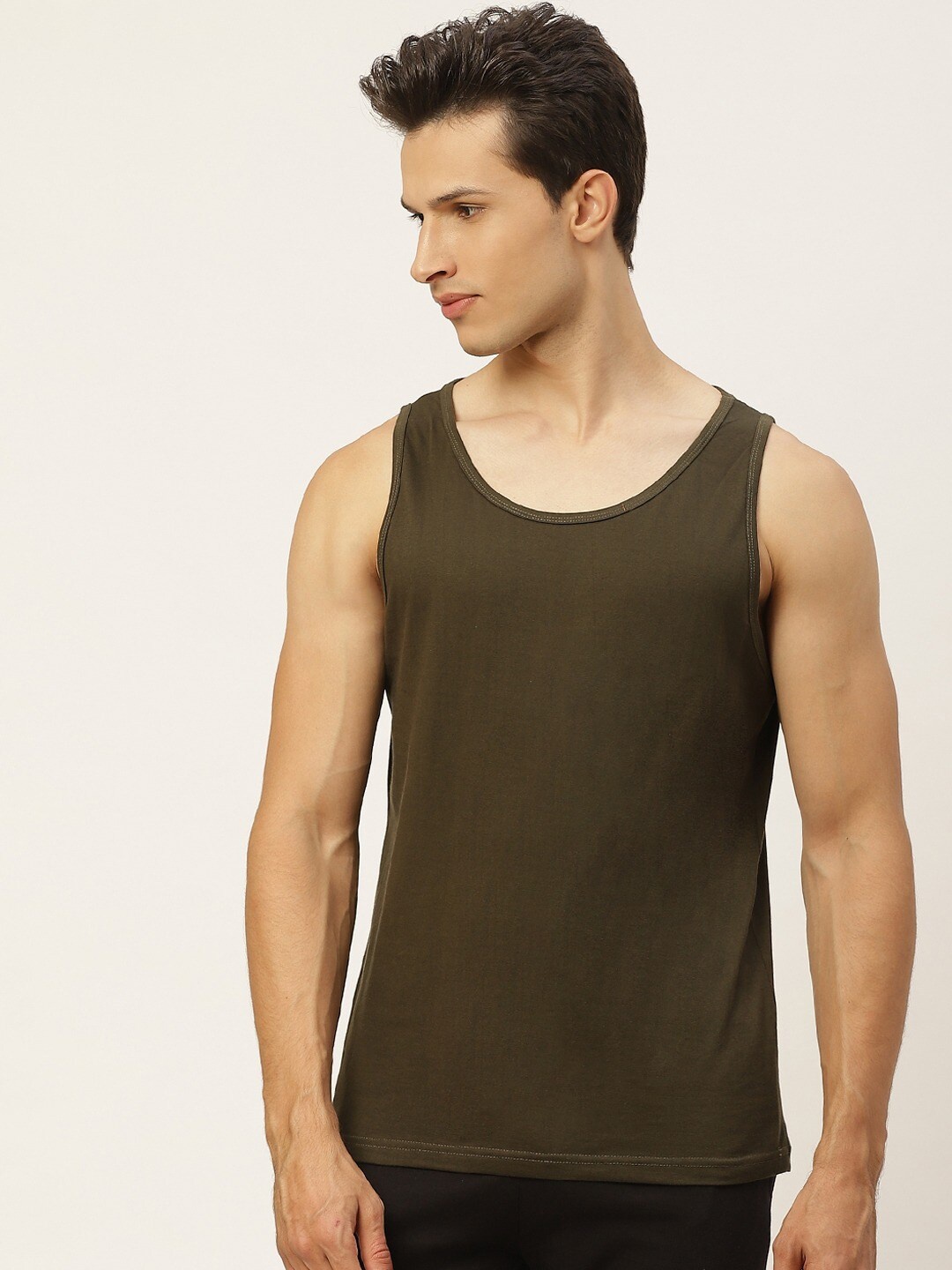 

Rodzen Men Sleeveless Pure Cotton T-shirt, Olive