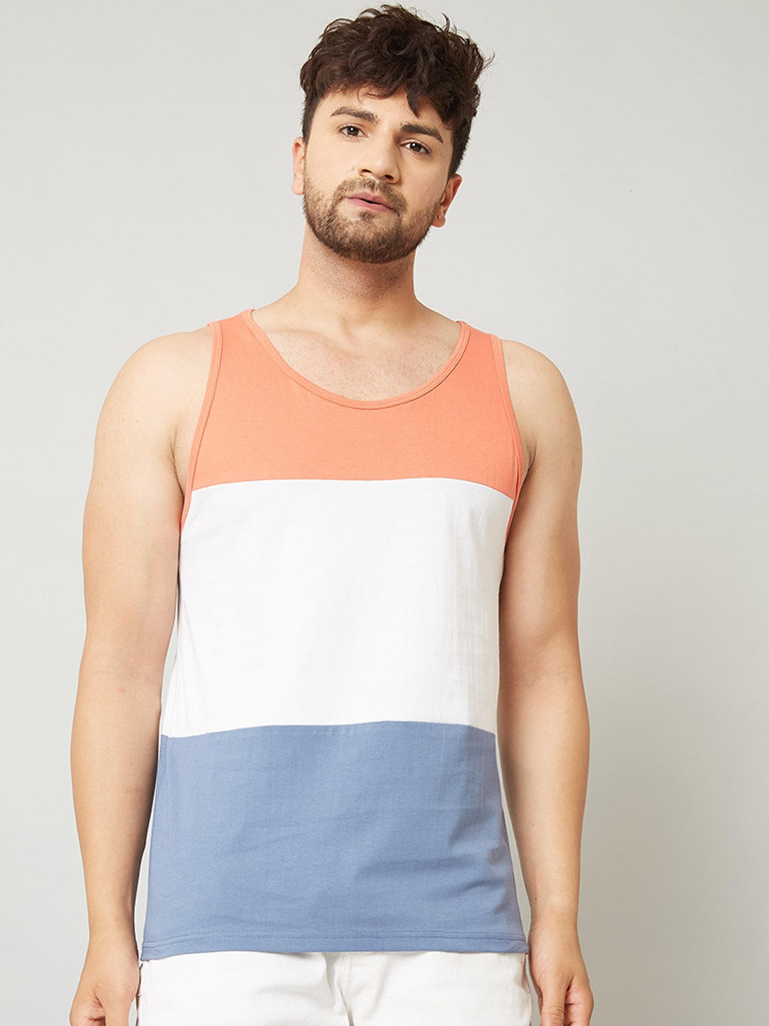 

Rodzen Men Colourblocked Sleeveless Pure Cotton T-shirt, Peach