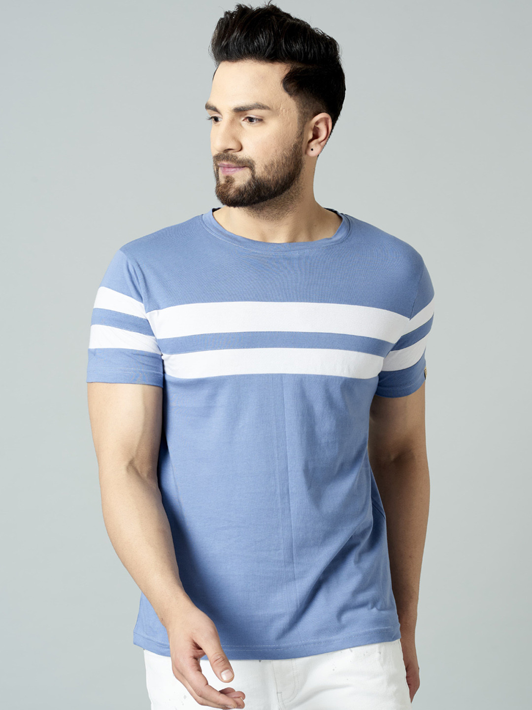 

Rodzen Round Neck Striped Cotton T-shirt, Blue