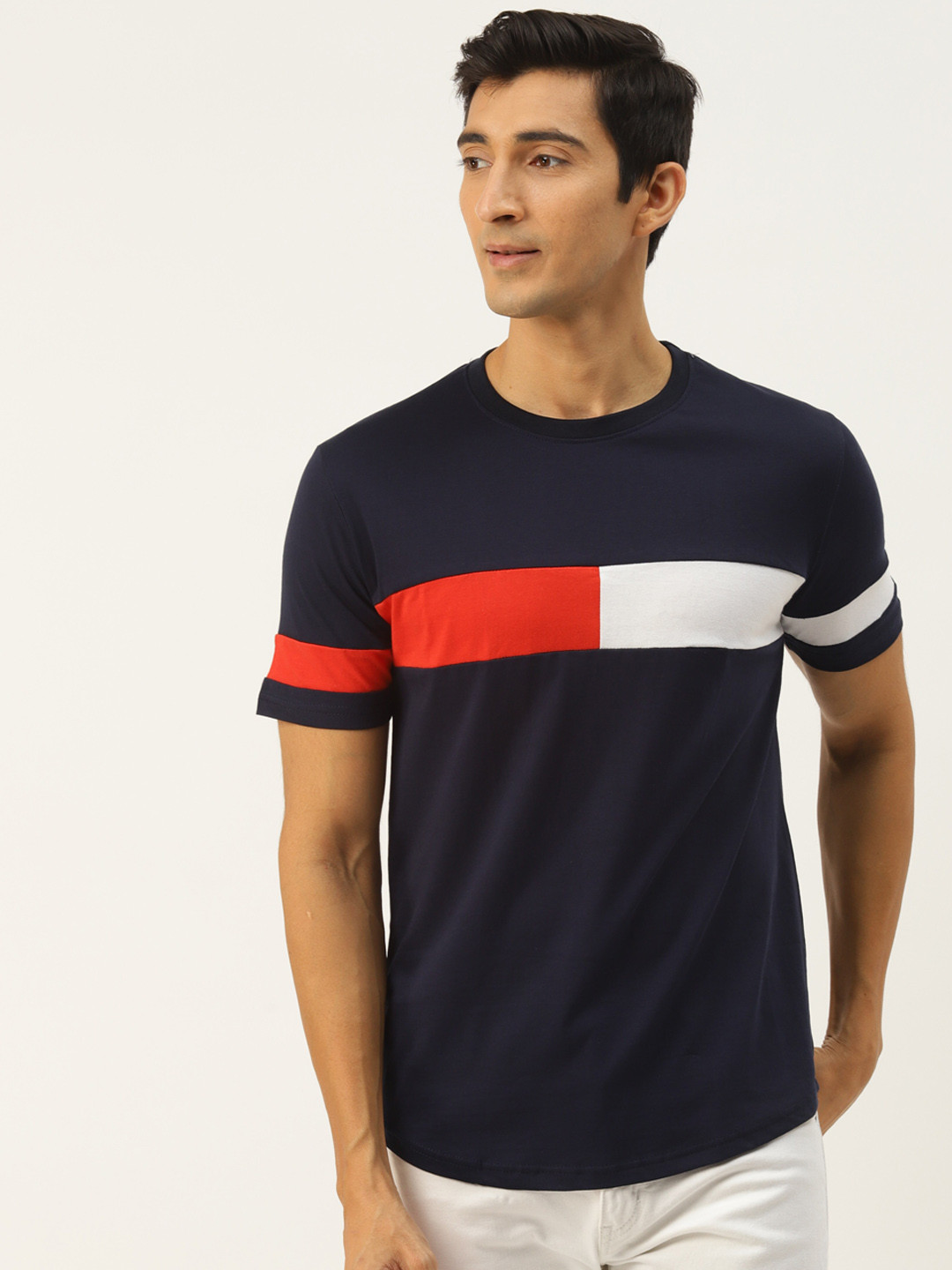 

Rodzen Men Colourblocked Round Neck Cotton T-shirt, Navy blue