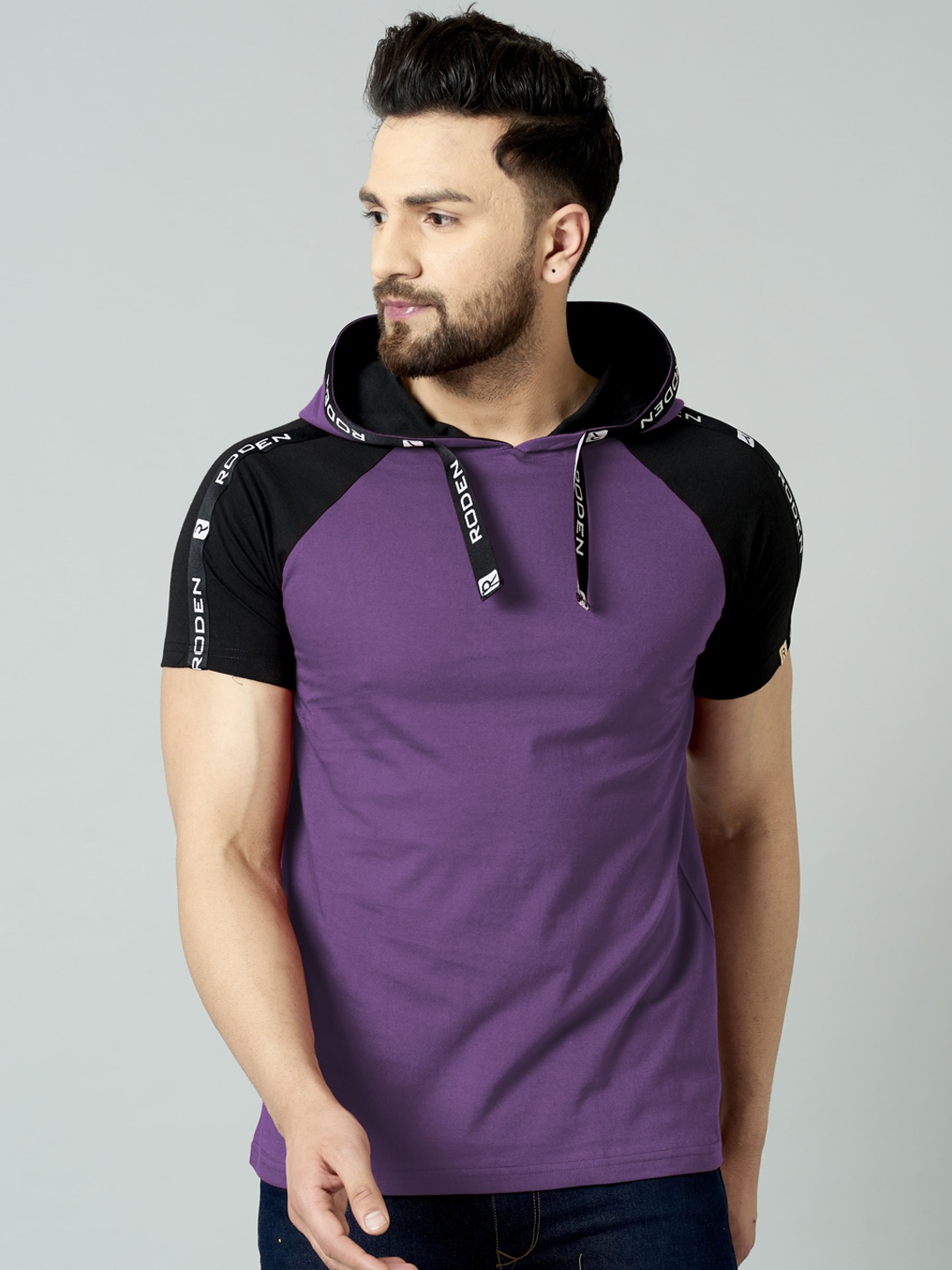 

Rodzen Men Raglan Sleeves Hooded Cotton T-shirt, Purple