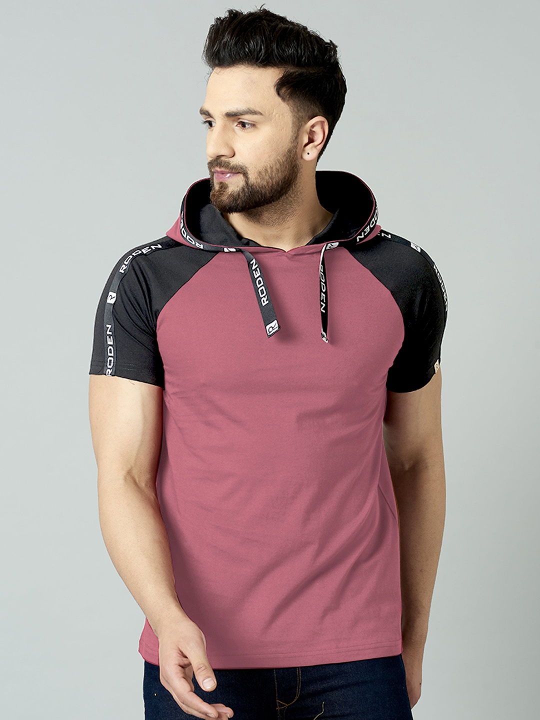 

Rodzen Men Raglan Sleeves Hooded Cotton T-shirt, Mauve