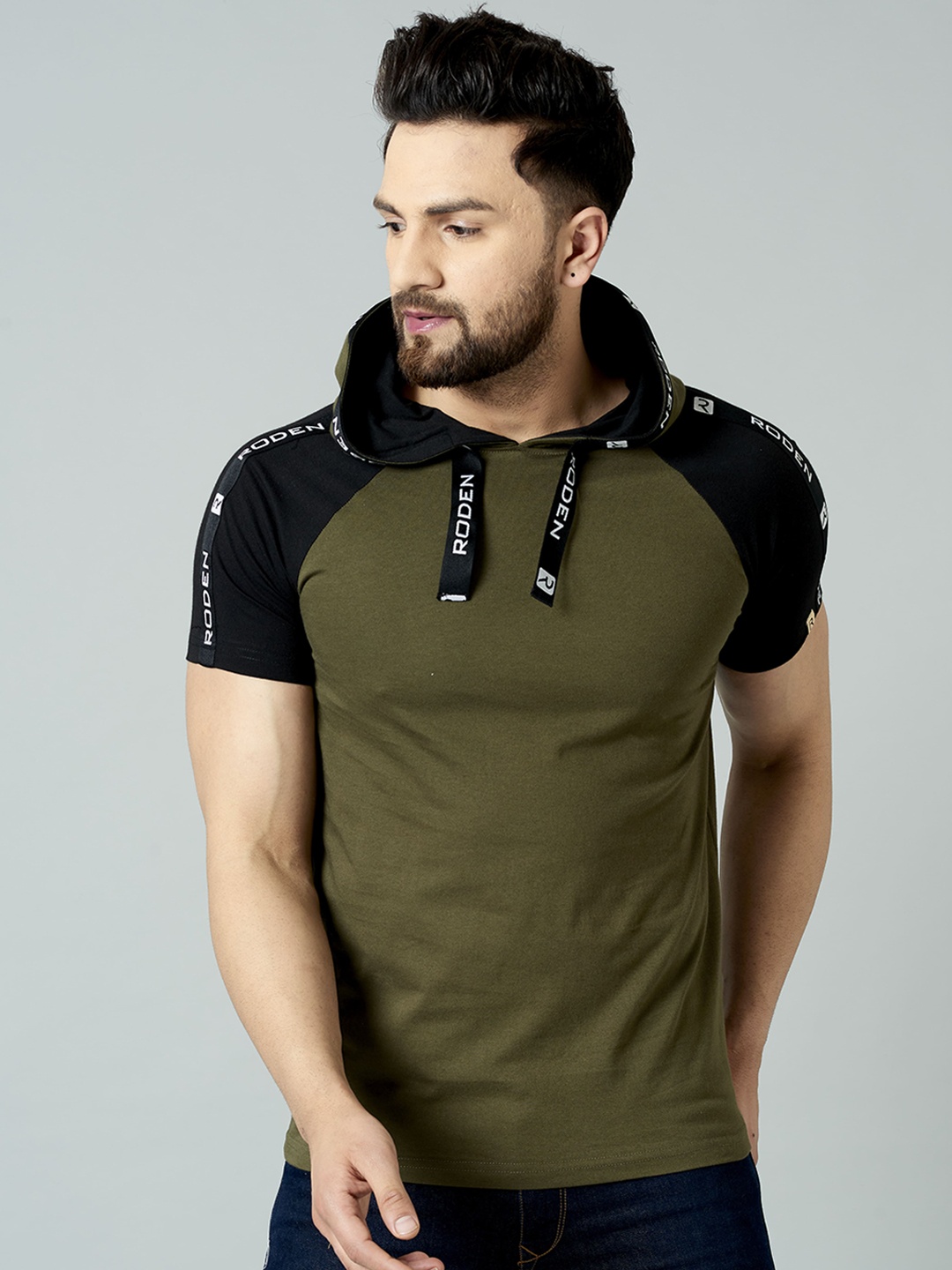 

Rodzen Men Hooded Cotton T-shirt, Olive