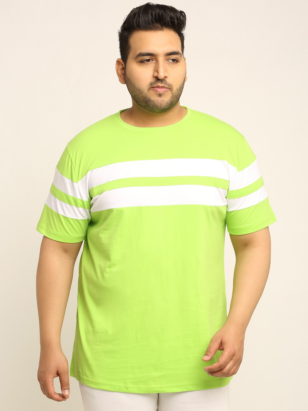 

Rodzen Plus Size Striped Cotton T-shirt, Lime green