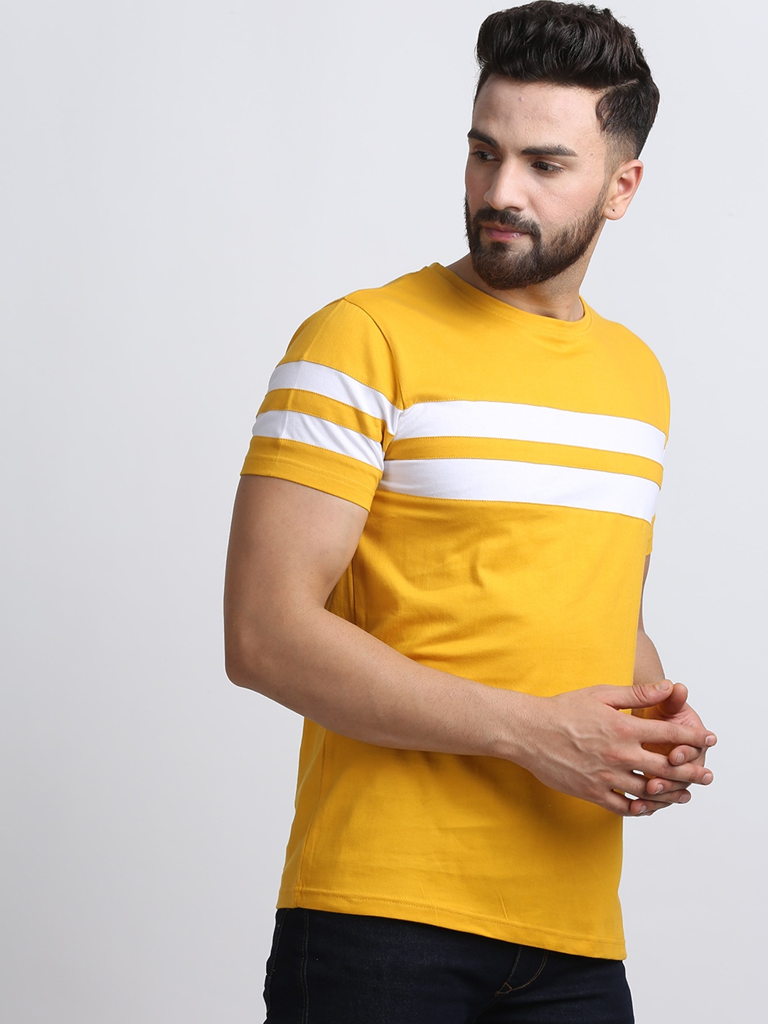 

Rodzen Striped Cotton Slim Fit T-shirt, Mustard