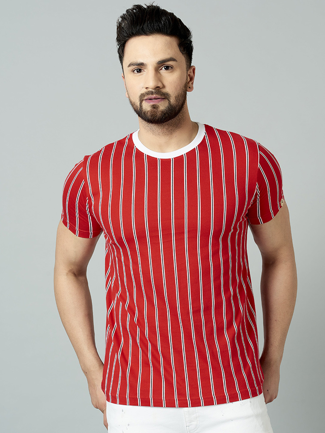 

Rodzen Men Striped Pure Cotton T-shirt, Red
