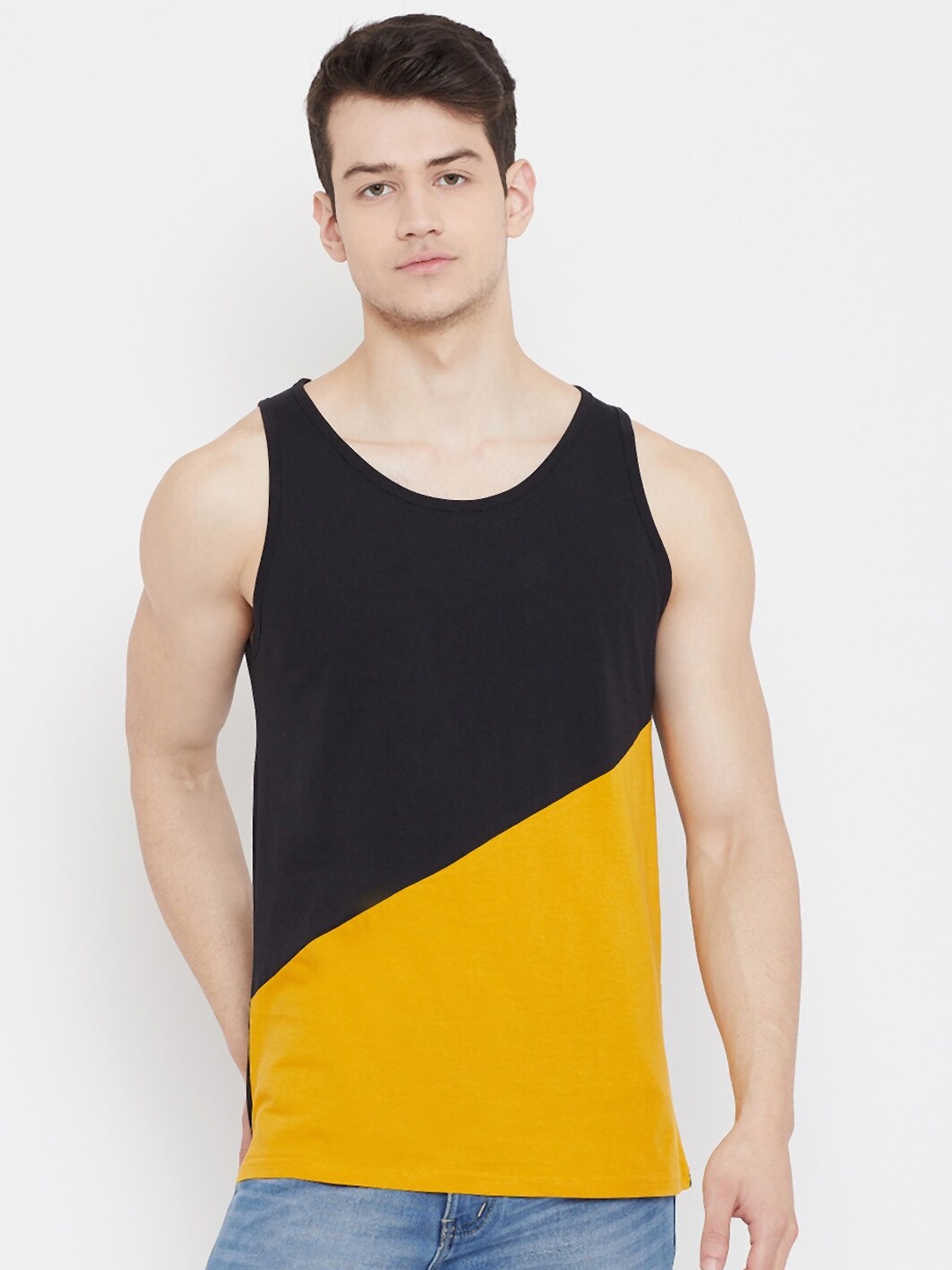 

Rodzen Men Colourblocked Sleeveless Cotton T-shirt, Mustard