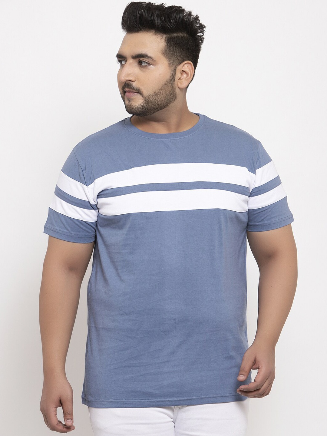 

Rodzen Men Plus Size Striped Cotton T-shirt, Blue